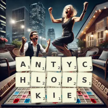 Kreatywna ilustracja do gry w Scrabble ze słowem ANTYCHLOPSKIE ułożonym z płytek na planszy.