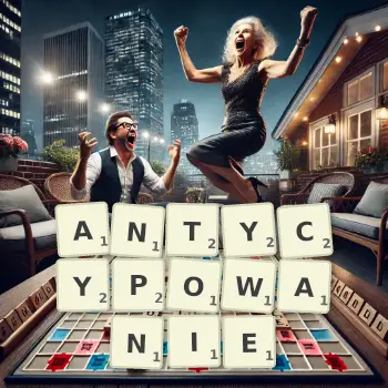 Kreatywna ilustracja do gry w Scrabble ze słowem ANTYCYPOWANIE ułożonym z płytek na planszy.