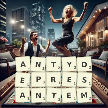 Kreatywna ilustracja do gry w Scrabble ze słowem ANTYDEPRESANTEM ułożonym z płytek na planszy.