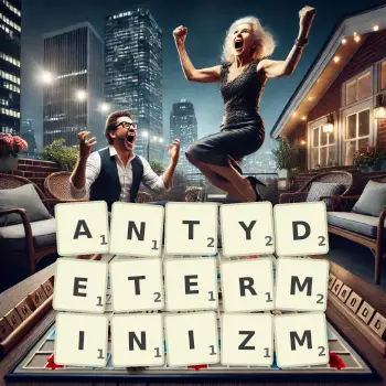 Kreatywna ilustracja do gry w Scrabble ze słowem ANTYDETERMINIZM ułożonym z płytek na planszy.