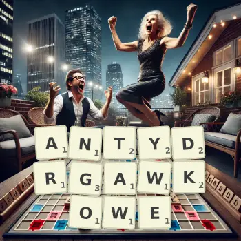 Kreatywna ilustracja do gry w Scrabble ze słowem ANTYDRGAWKOWE ułożonym z płytek na planszy.