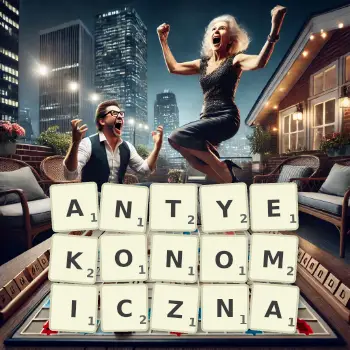 Kreatywna ilustracja do gry w Scrabble ze słowem ANTYEKONOMICZNA ułożonym z płytek na planszy.