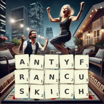 Kreatywna ilustracja do gry w Scrabble ze słowem ANTYFRANCUSKICH ułożonym z płytek na planszy.