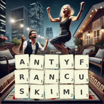 Kreatywna ilustracja do gry w Scrabble ze słowem ANTYFRANCUSKIMI ułożonym z płytek na planszy.