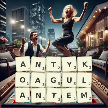 Kreatywna ilustracja do gry w Scrabble ze słowem ANTYKOAGULANTEM ułożonym z płytek na planszy.