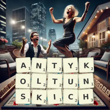 Kreatywna ilustracja do gry w Scrabble ze słowem ANTYKOLTUNSKICH ułożonym z płytek na planszy.