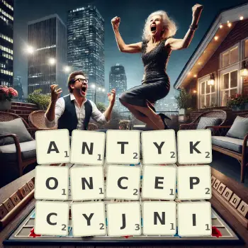 Kreatywna ilustracja do gry w Scrabble ze słowem ANTYKONCEPCYJNI ułożonym z płytek na planszy.