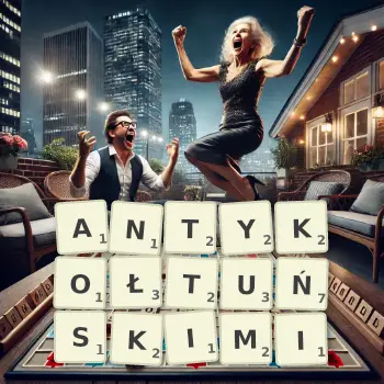 Kreatywna ilustracja do gry w Scrabble ze słowem ANTYKOŁTUŃSKIMI ułożonym z płytek na planszy.