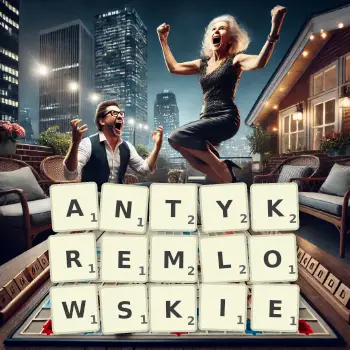 Kreatywna ilustracja do gry w Scrabble ze słowem ANTYKREMLOWSKIE ułożonym z płytek na planszy.