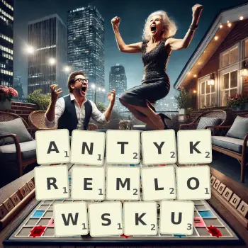 Kreatywna ilustracja do gry w Scrabble ze słowem ANTYKREMLOWSKU ułożonym z płytek na planszy.