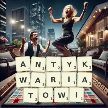 Kreatywna ilustracja do gry w Scrabble ze słowem ANTYKWARIATOWI ułożonym z płytek na planszy.