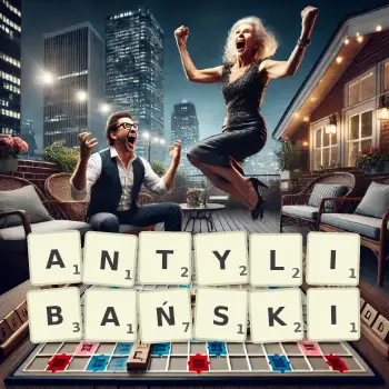 Kreatywna ilustracja do gry w Scrabble ze słowem ANTYLIBAŃSKI ułożonym z płytek na planszy.