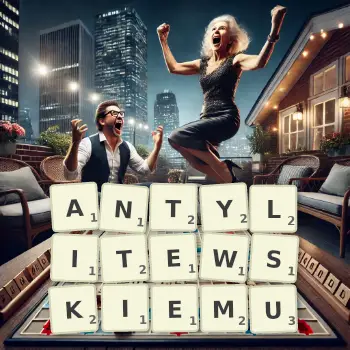 Kreatywna ilustracja do gry w Scrabble ze słowem ANTYLITEWSKIEMU ułożonym z płytek na planszy.