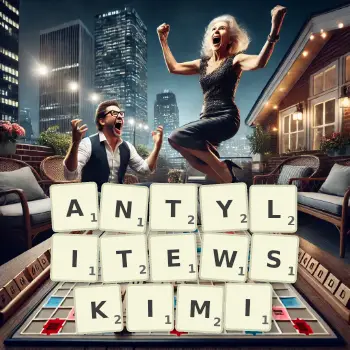 Kreatywna ilustracja do gry w Scrabble ze słowem ANTYLITEWSKIMI ułożonym z płytek na planszy.