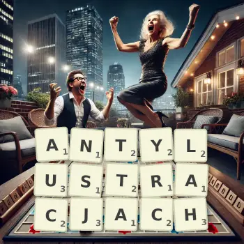 Kreatywna ilustracja do gry w Scrabble ze słowem ANTYLUSTRACJACH ułożonym z płytek na planszy.