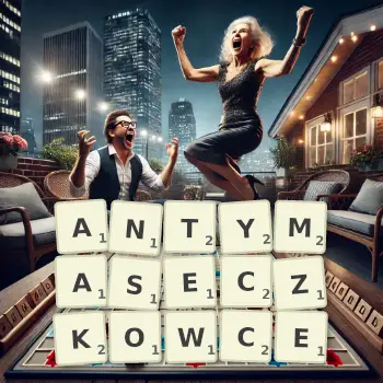 Kreatywna ilustracja do gry w Scrabble ze słowem ANTYMASECZKOWCE ułożonym z płytek na planszy.