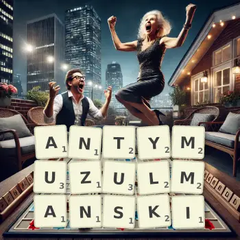 Kreatywna ilustracja do gry w Scrabble ze słowem ANTYMUZULMANSKI ułożonym z płytek na planszy.
