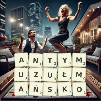 Kreatywna ilustracja do gry w Scrabble ze słowem ANTYMUZUŁMAŃSKO ułożonym z płytek na planszy.