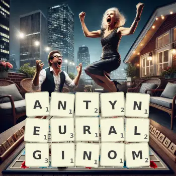 Kreatywna ilustracja do gry w Scrabble ze słowem ANTYNEURALGINOM ułożonym z płytek na planszy.
