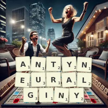 Kreatywna ilustracja do gry w Scrabble ze słowem ANTYNEURALGINY ułożonym z płytek na planszy.