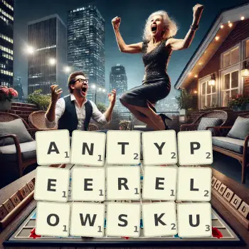 Kreatywna ilustracja do gry w Scrabble ze słowem ANTYPEERELOWSKU ułożonym z płytek na planszy.
