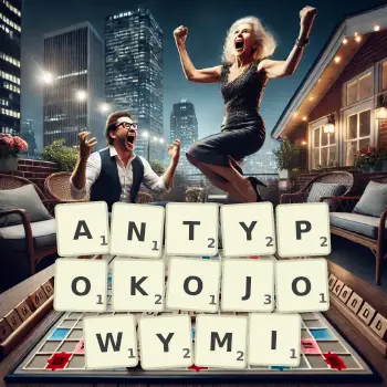Kreatywna ilustracja do gry w Scrabble ze słowem ANTYPOKOJOWYMI ułożonym z płytek na planszy.