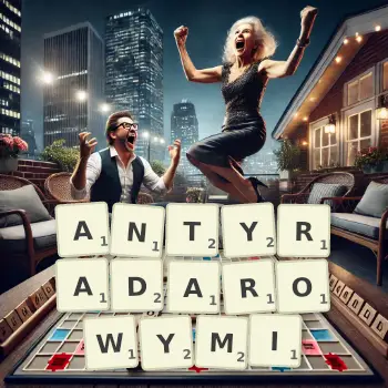 Kreatywna ilustracja do gry w Scrabble ze słowem ANTYRADAROWYMI ułożonym z płytek na planszy.