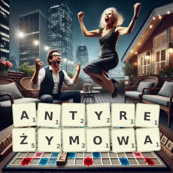 Kreatywna ilustracja do gry w Scrabble ze słowem ANTYREŻYMOWA ułożonym z płytek na planszy.