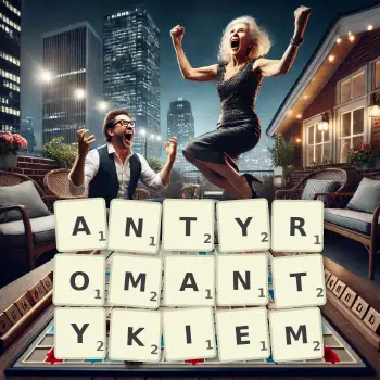 Kreatywna ilustracja do gry w Scrabble ze słowem ANTYROMANTYKIEM ułożonym z płytek na planszy.