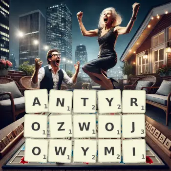 Kreatywna ilustracja do gry w Scrabble ze słowem ANTYROZWOJOWYMI ułożonym z płytek na planszy.