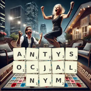 Kreatywna ilustracja do gry w Scrabble ze słowem ANTYSOCJALNYM ułożonym z płytek na planszy.