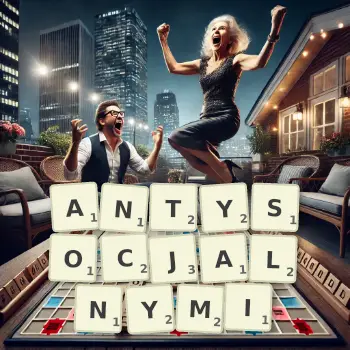 Kreatywna ilustracja do gry w Scrabble ze słowem ANTYSOCJALNYMI ułożonym z płytek na planszy.