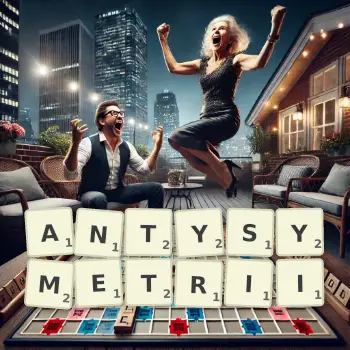 Kreatywna ilustracja do gry w Scrabble ze słowem ANTYSYMETRII ułożonym z płytek na planszy.