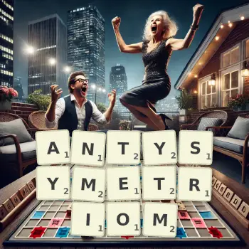 Kreatywna ilustracja do gry w Scrabble ze słowem ANTYSYMETRIOM ułożonym z płytek na planszy.