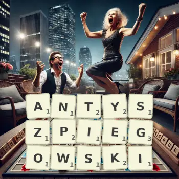 Kreatywna ilustracja do gry w Scrabble ze słowem ANTYSZPIEGOWSKI ułożonym z płytek na planszy.