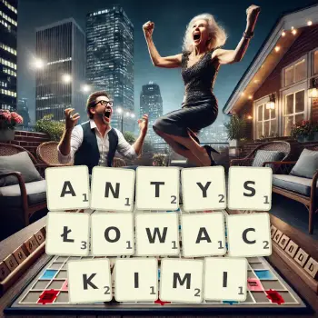 Kreatywna ilustracja do gry w Scrabble ze słowem ANTYSŁOWACKIMI ułożonym z płytek na planszy.