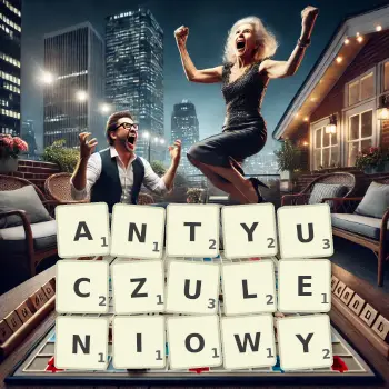 Kreatywna ilustracja do gry w Scrabble ze słowem ANTYUCZULENIOWY ułożonym z płytek na planszy.
