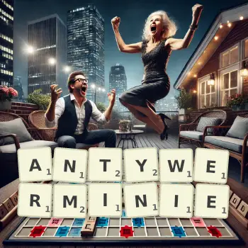 Kreatywna ilustracja do gry w Scrabble ze słowem ANTYWERMINIE ułożonym z płytek na planszy.