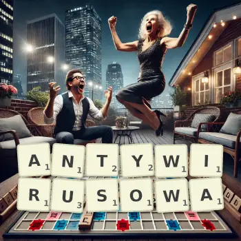 Kreatywna ilustracja do gry w Scrabble ze słowem ANTYWIRUSOWA ułożonym z płytek na planszy.