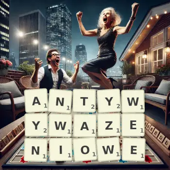 Kreatywna ilustracja do gry w Scrabble ze słowem ANTYWYWAZENIOWE ułożonym z płytek na planszy.