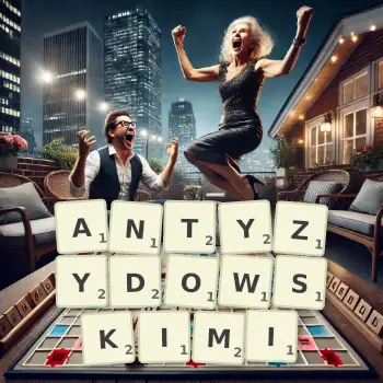 Kreatywna ilustracja do gry w Scrabble ze słowem ANTYZYDOWSKIMI ułożonym z płytek na planszy.