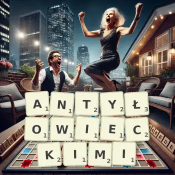 Kreatywna ilustracja do gry w Scrabble ze słowem ANTYŁOWIECKIMI ułożonym z płytek na planszy.