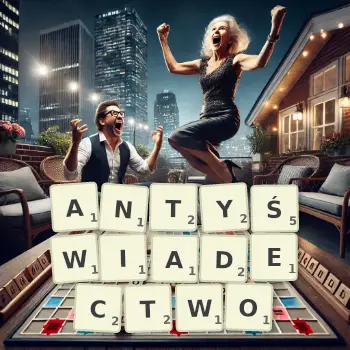 Kreatywna ilustracja do gry w Scrabble ze słowem ANTYŚWIADECTWO ułożonym z płytek na planszy.