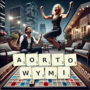 Kreatywna ilustracja do gry w Scrabble ze słowem AORTOWYMI ułożonym z płytek na planszy.