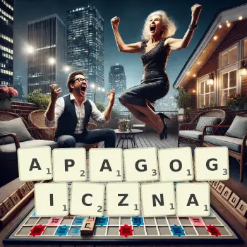 Kreatywna ilustracja do gry w Scrabble ze słowem APAGOGICZNA ułożonym z płytek na planszy.