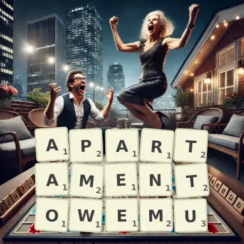 Kreatywna ilustracja do gry w Scrabble ze słowem APARTAMENTOWEMU ułożonym z płytek na planszy.