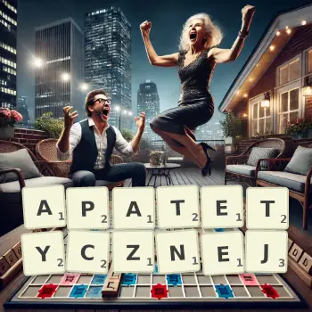 Kreatywna ilustracja do gry w Scrabble ze słowem APATETYCZNEJ ułożonym z płytek na planszy.