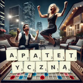Kreatywna ilustracja do gry w Scrabble ze słowem APATETYCZNĄ ułożonym z płytek na planszy.