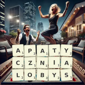 Kreatywna ilustracja do gry w Scrabble ze słowem APATYCZNIALOBYS ułożonym z płytek na planszy.
