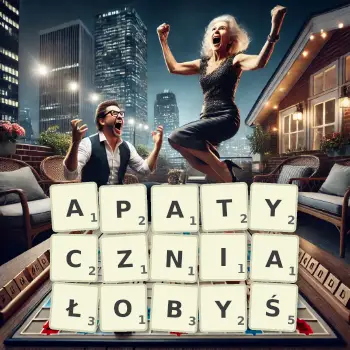 Kreatywna ilustracja do gry w Scrabble ze słowem APATYCZNIAŁOBYŚ ułożonym z płytek na planszy.